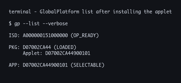 Application list showing the installed package and applet AID