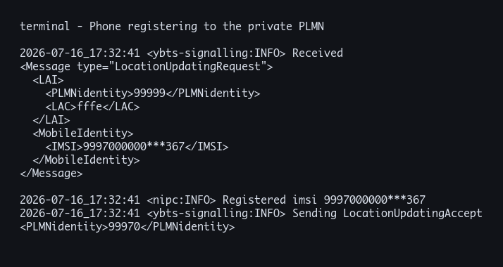 YateBTS log showing the phone registering to the private PLMN