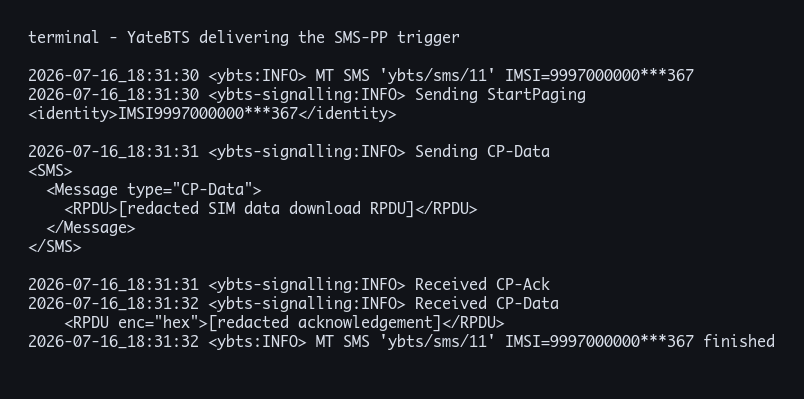 YateBTS log showing the successful MT SMS delivery